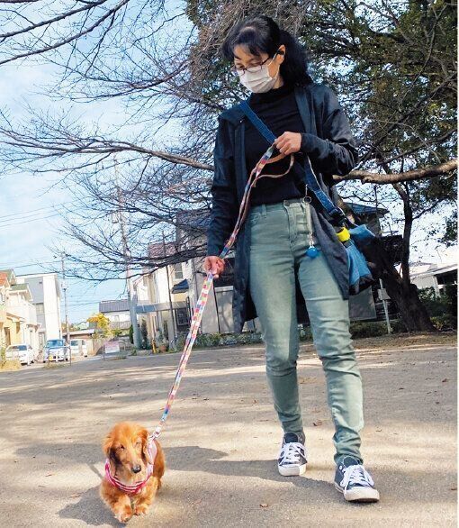 アグリの預かりボランティアの手嶋和恵さん。足腰が弱くなったかんなちゃん(推定13才)