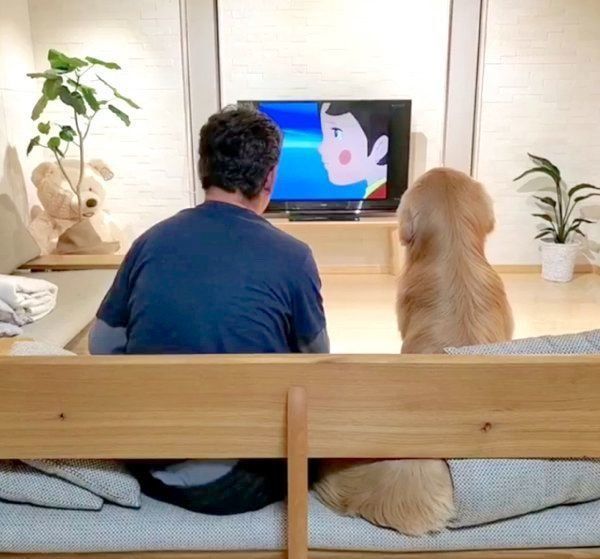 パパさんとテレビを見るアランくん