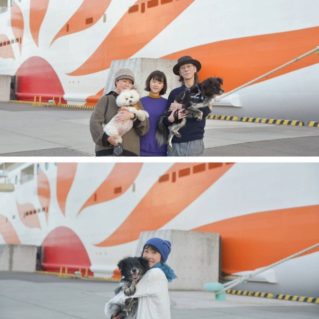 旅行を体験したのは、いぬのきもち編集室の石渡一家と愛犬モモ（メス・3才/MIX）、カメラマンの犬丸さんと愛犬Danbow（オス・6才/MIX）