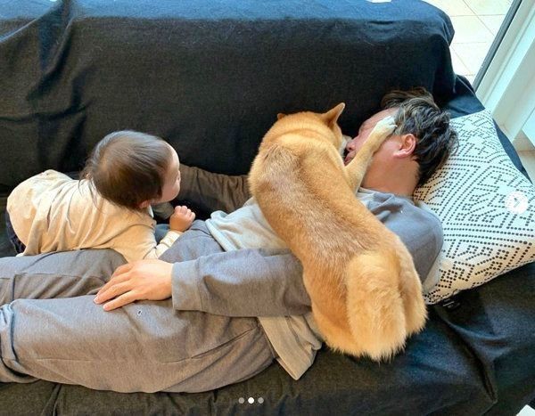 パパさんを起こそうとする花子ちゃんとモモ子ちゃん