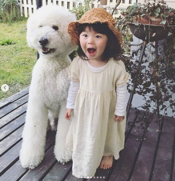 仲良しなスタンダード・プードルと女の子