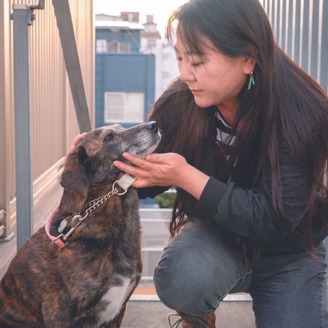 取材当日、５年前に沖縄県の保護活動家から引き継いで東京で譲渡したなつちゃんと再会。幸せになった姿を見て喜ぶ小野さん