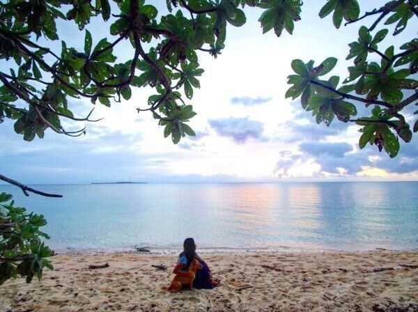 砂浜で飼い主さんとまったりするむぎちゃん