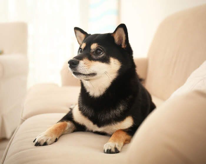 ソファに座る柴犬