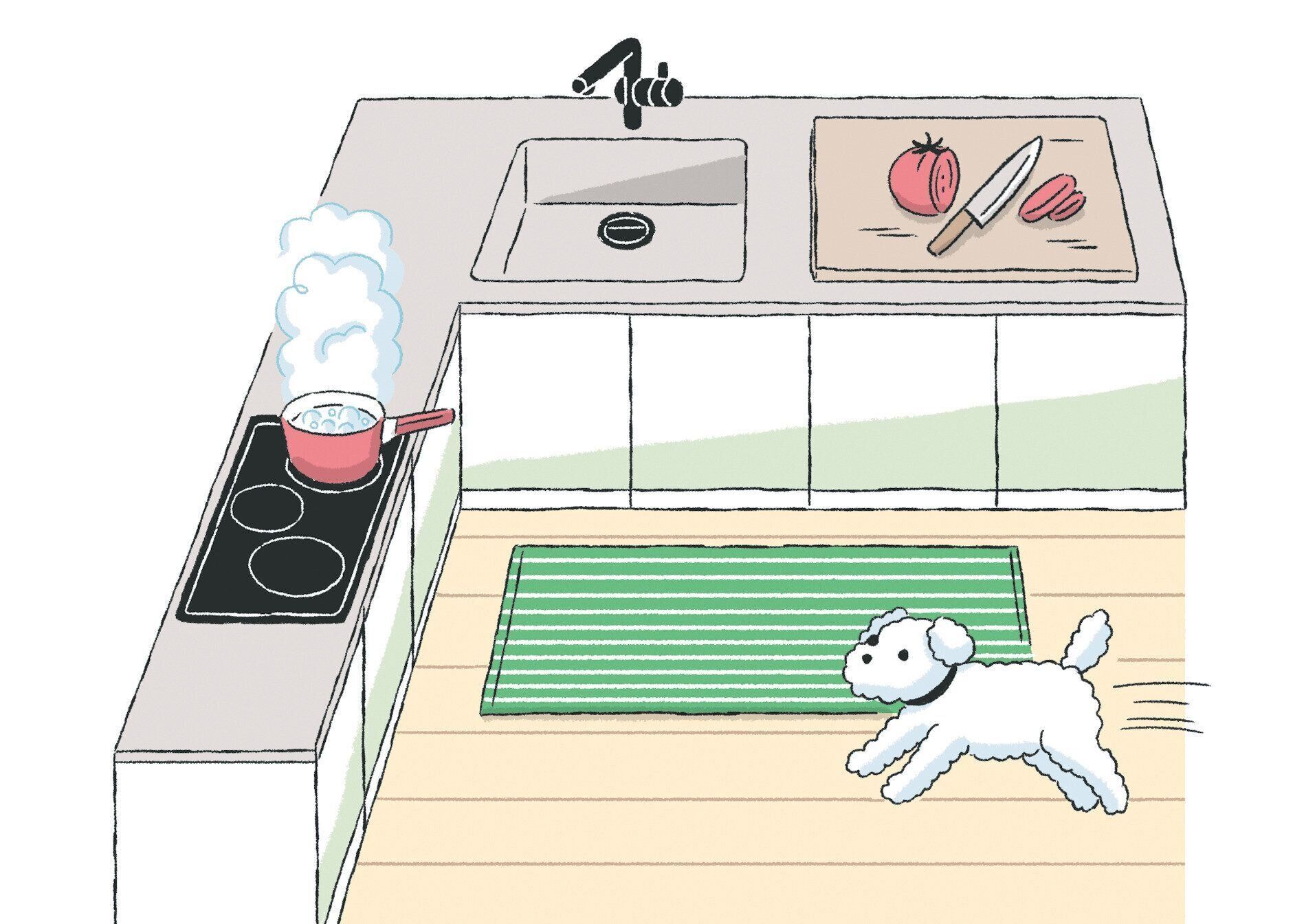 キッチンを歩き回る犬