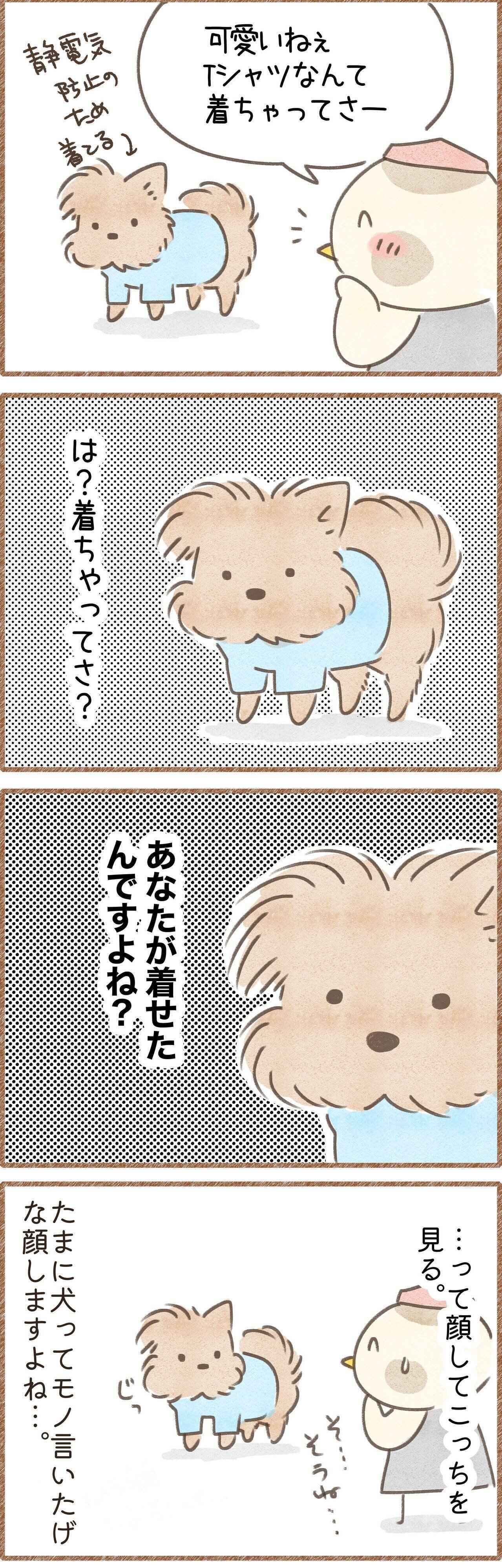 服を着せられてる犬のマンガ