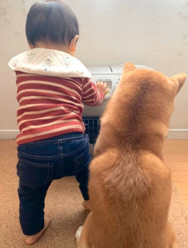 ストーブの前で寄り添うこたろうくんと弟くん