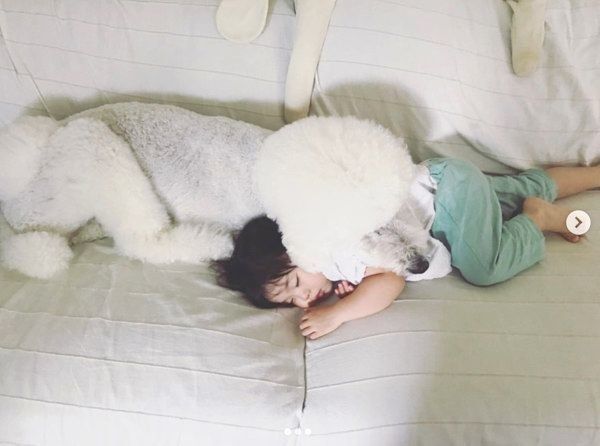 お昼寝するスタンダード・プードルと女の子