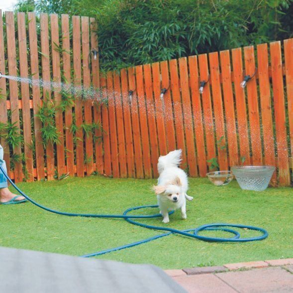 ホースから出る水の音を聞いて、水のアーチをくぐり抜ける遊びがムゥくんのお気に入り