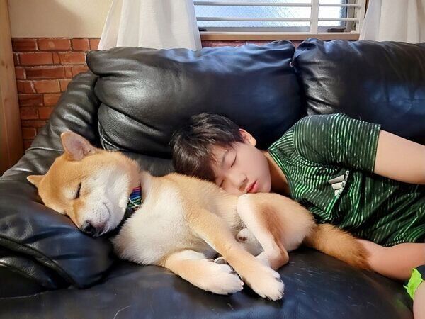 くっついて眠る北翔くんと息子さん