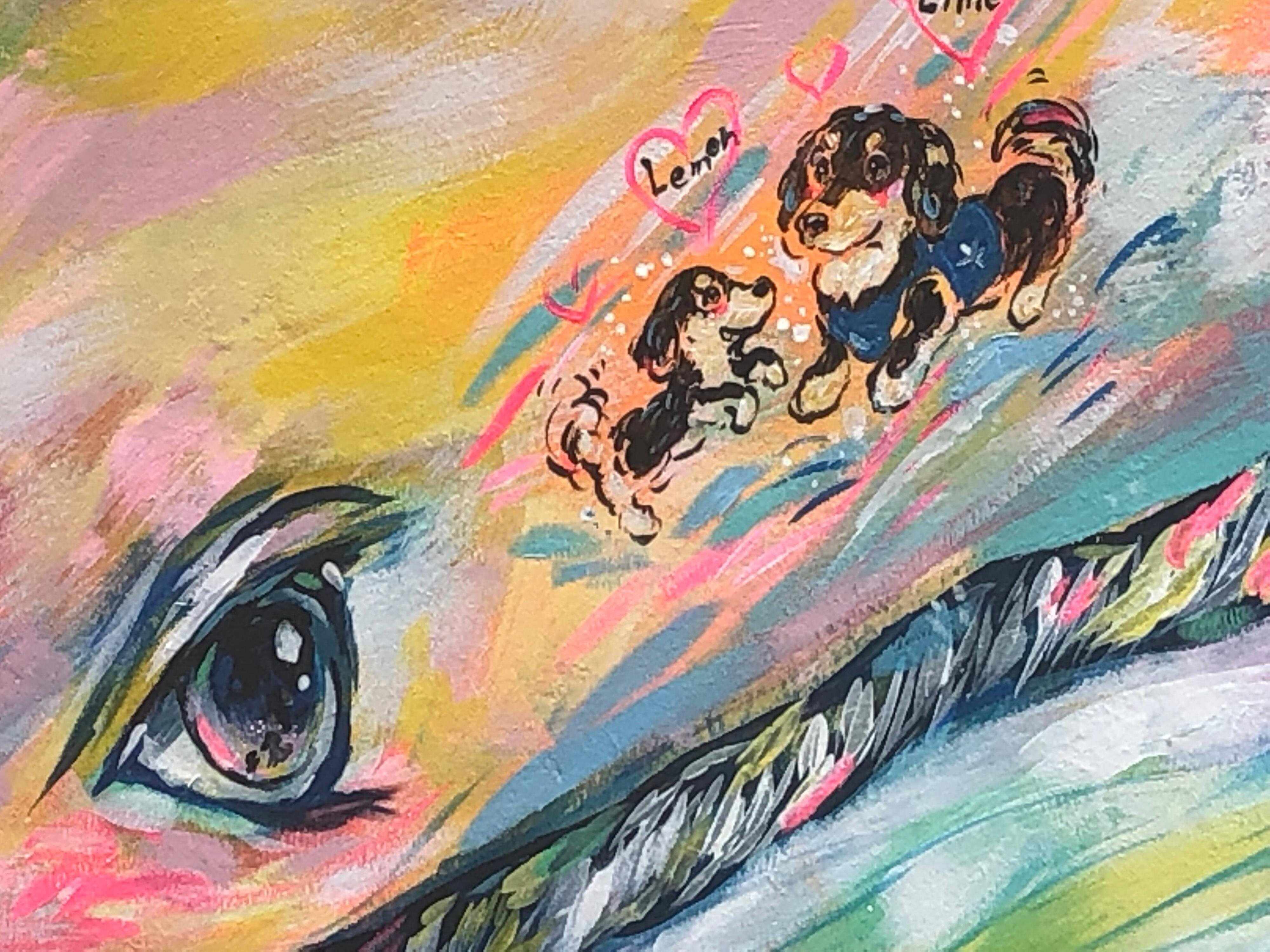 仲の良い２頭のダックスフンドをクジラが見つめています