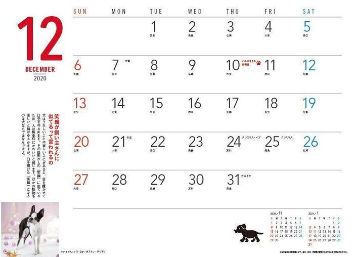 12月のカレンダー。大判サイズ。