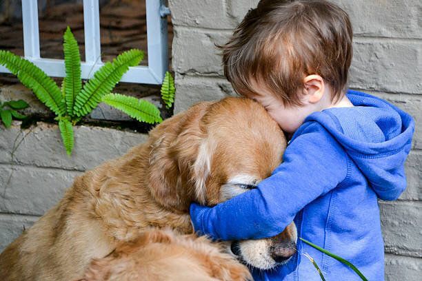 犬に抱きつく子ども