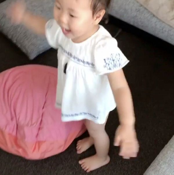 妹を見つめて固まる柴犬