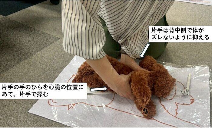 背中側からずれないように片手で抑えて、もう片方の手で心臓を揉む