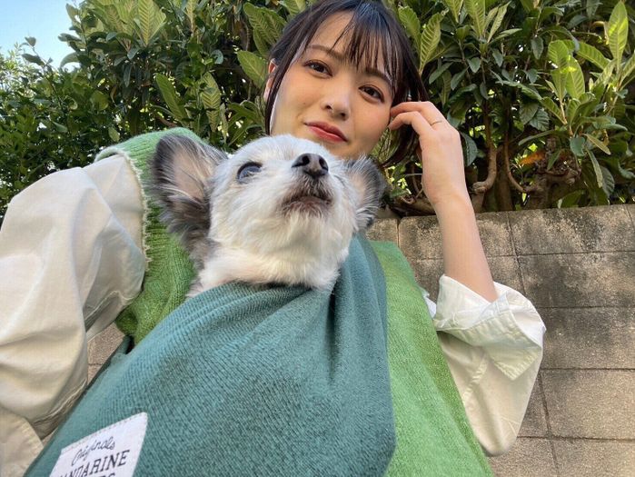 ワンちゃんを抱っこしながら散歩中の矢島さん。