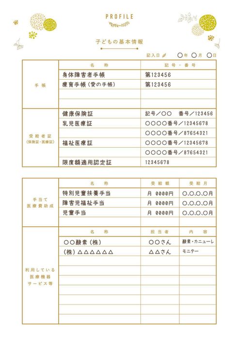 身体障害者手帳の番号などを記録するページ