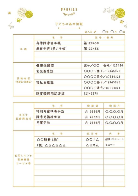身体障害者手帳の番号などを記録するページ