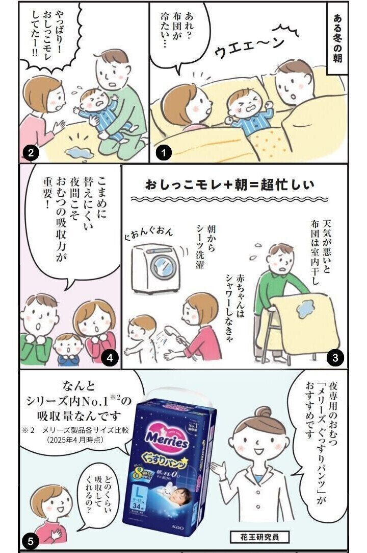 【マンガで解説】「メリーズ ぐっすりパンツ」モレ安心のポイント
