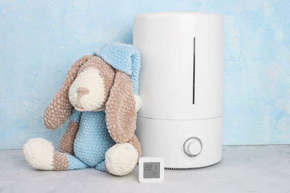 空気加湿器および電子吸湿計。ニットおもちゃの犬。子供の部屋の湿度。クローズアップ