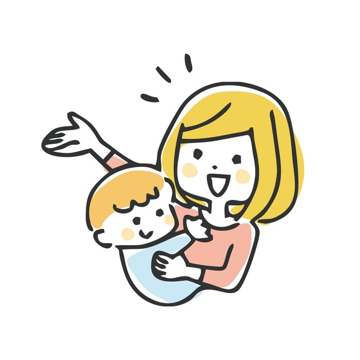 笑顔で手を挙げる母子のイラスト。
