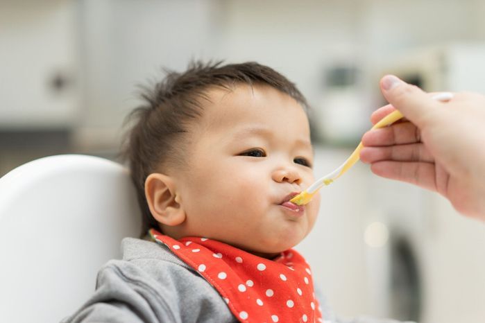 ハイチェアでブレンドフードを食べるアジアの男の子