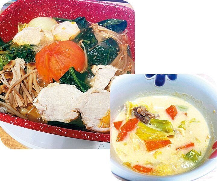 野菜たっぷり、肉少しの鍋や汁ものを中心に。