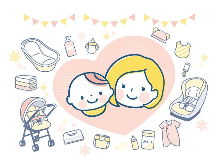 出産準備イメージイラストと笑顔親子