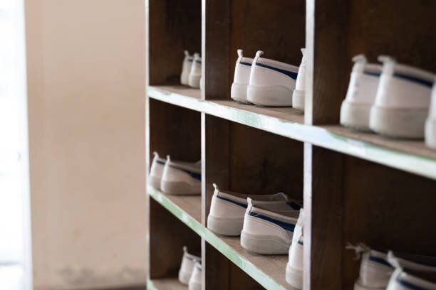 日本の小学校の靴箱とスリッパ