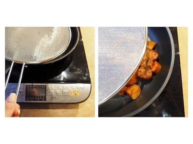 手持ち付き油跳ね防止ネットで油を防ぐ