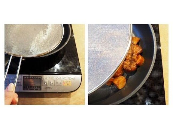 手持ち付き油跳ね防止ネットで油を防ぐ