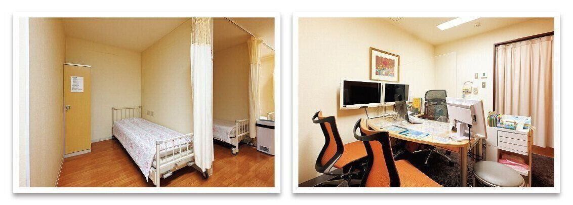 【写真左】術後のリカバリー室は全8床完備。／【写真右】診察室は全3室で多くの患者に対応。