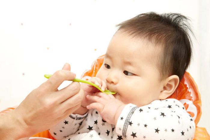 離乳食を食べている日本人の男の赤ちゃん