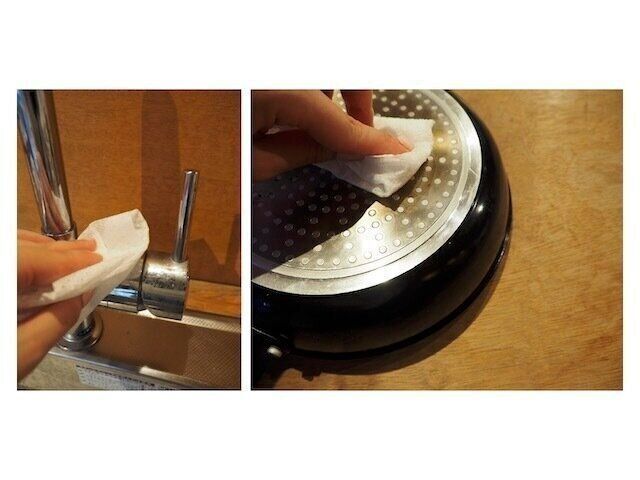使い捨てロールスポンジでフライパンを擦る