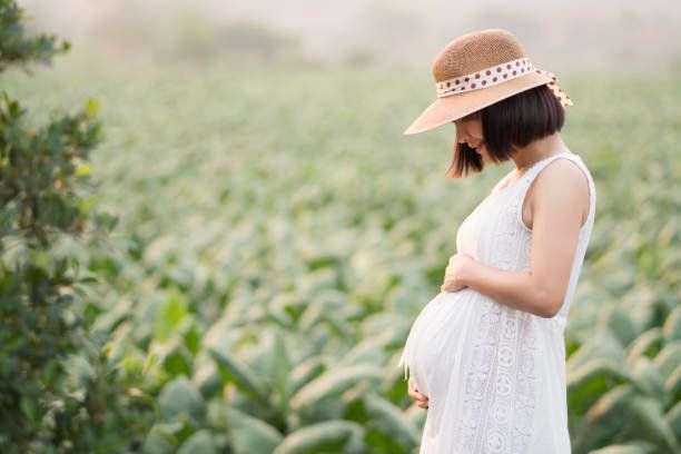 妊娠中の女性彼女の大きなお腹に触れると公園を散歩して