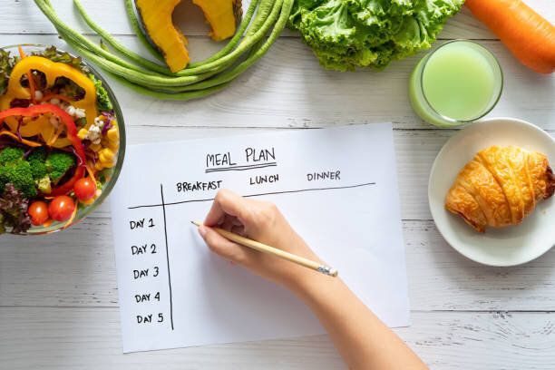 カロリーコントロール、食事計画、食品ダイエットと減量の概念。食卓にサラダと新鮮な野菜を入れ、毎週テーブルに手いっぱいの食事プランを表示