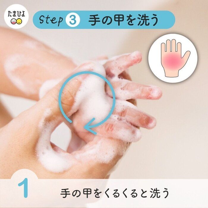 【3】 次に手の甲を洗います