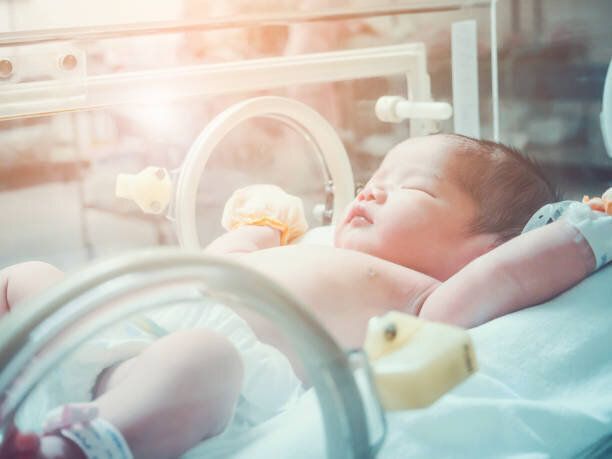 病院の保育器の中の新生児の女の子投稿分娩室
