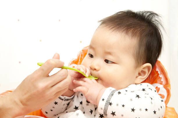 離乳食を食べている日本人の男の赤ちゃん