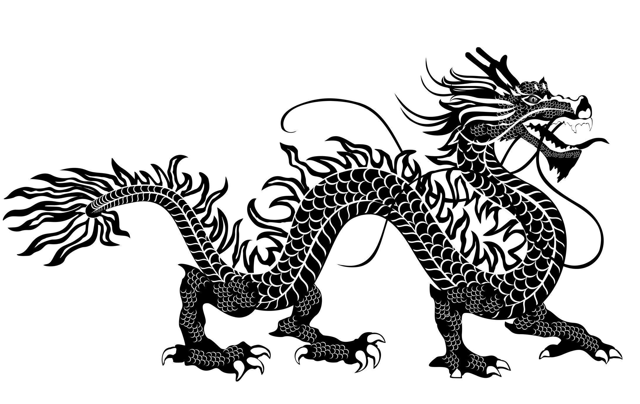 中国のドラゴン。手描きベクトル詳細なシルエット。