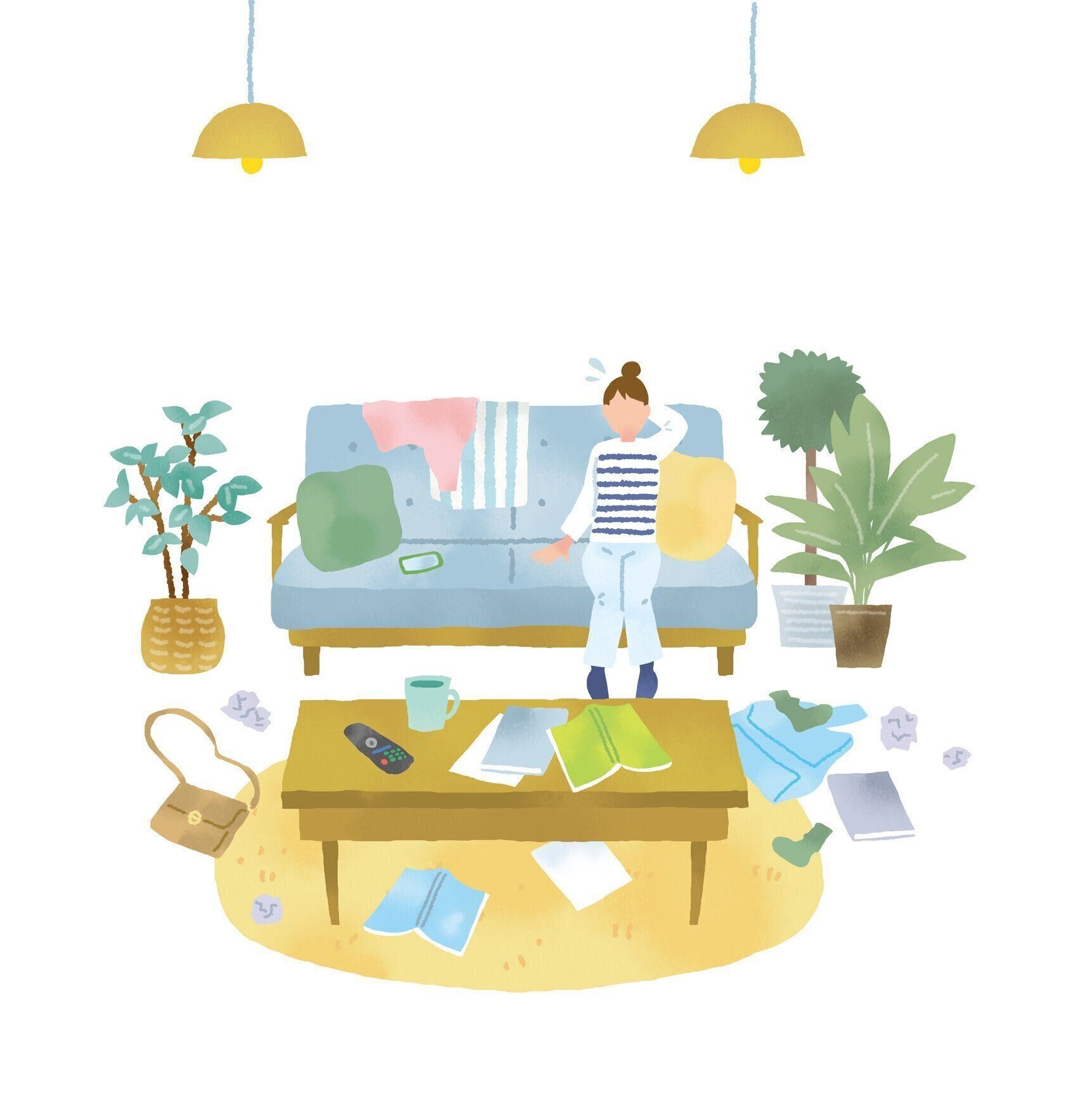 非常に汚い部屋と困っている女性のクリップアート