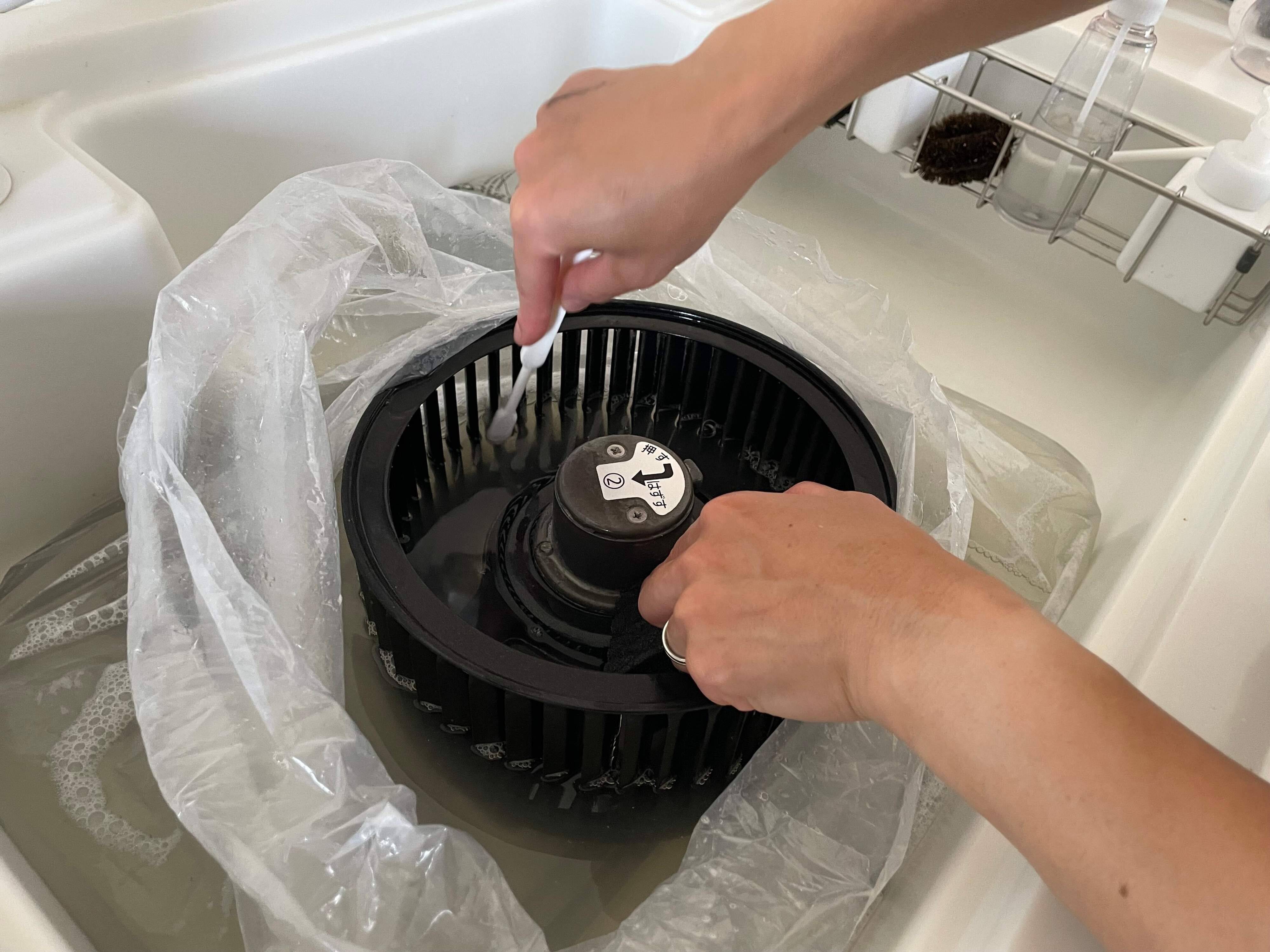 スポンジとブラシでこする