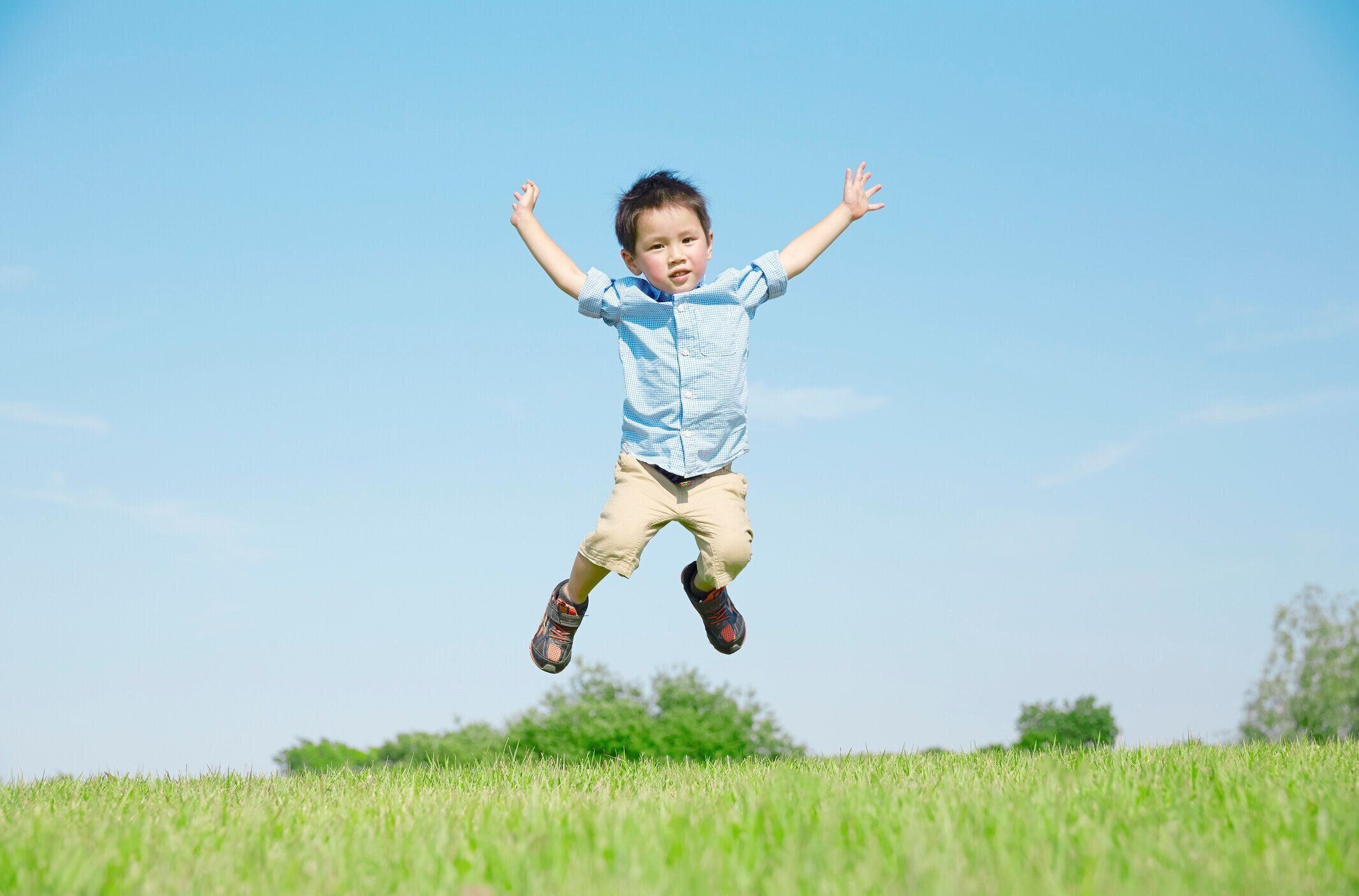 フィールドで遊ぶ日本人の少年