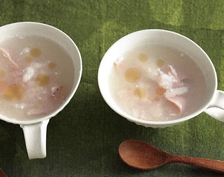 たたき長いもとハムのスープ