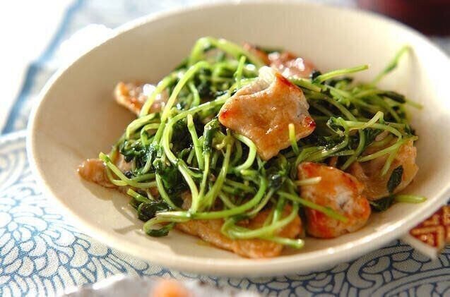 豆苗と豚肉のオイスターソース炒め