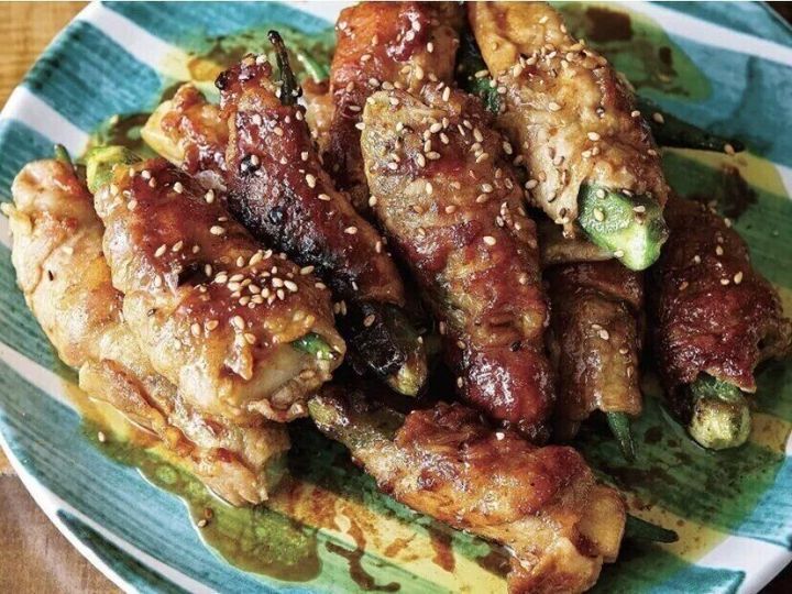 エリンギとオクラの豚巻きカレーしょうゆ味