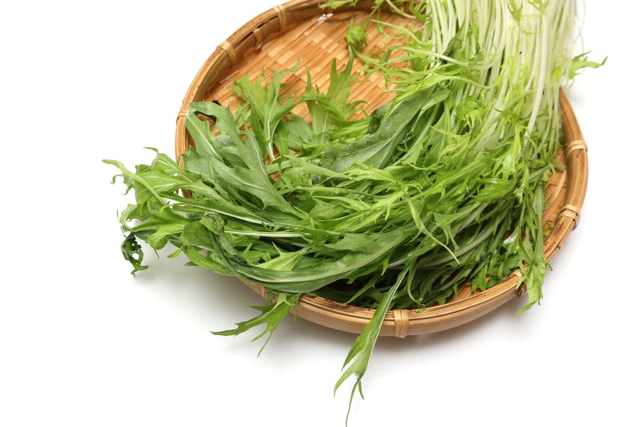 白い背景に竹のザル、水菜。