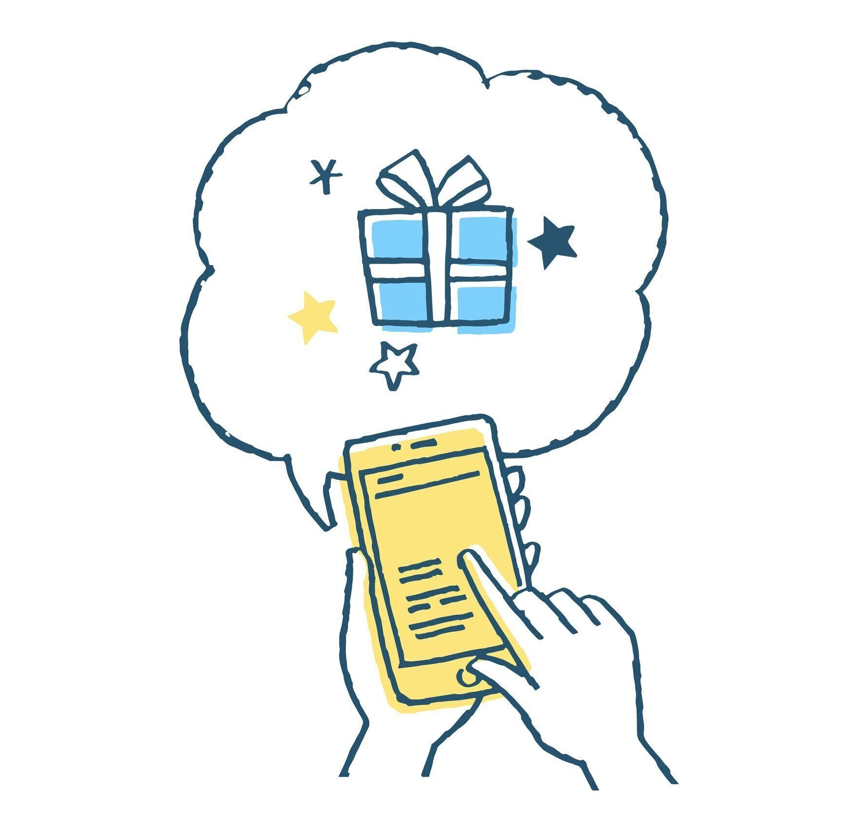 音声バブルでスマートフォンとギフトボックスを操作する手