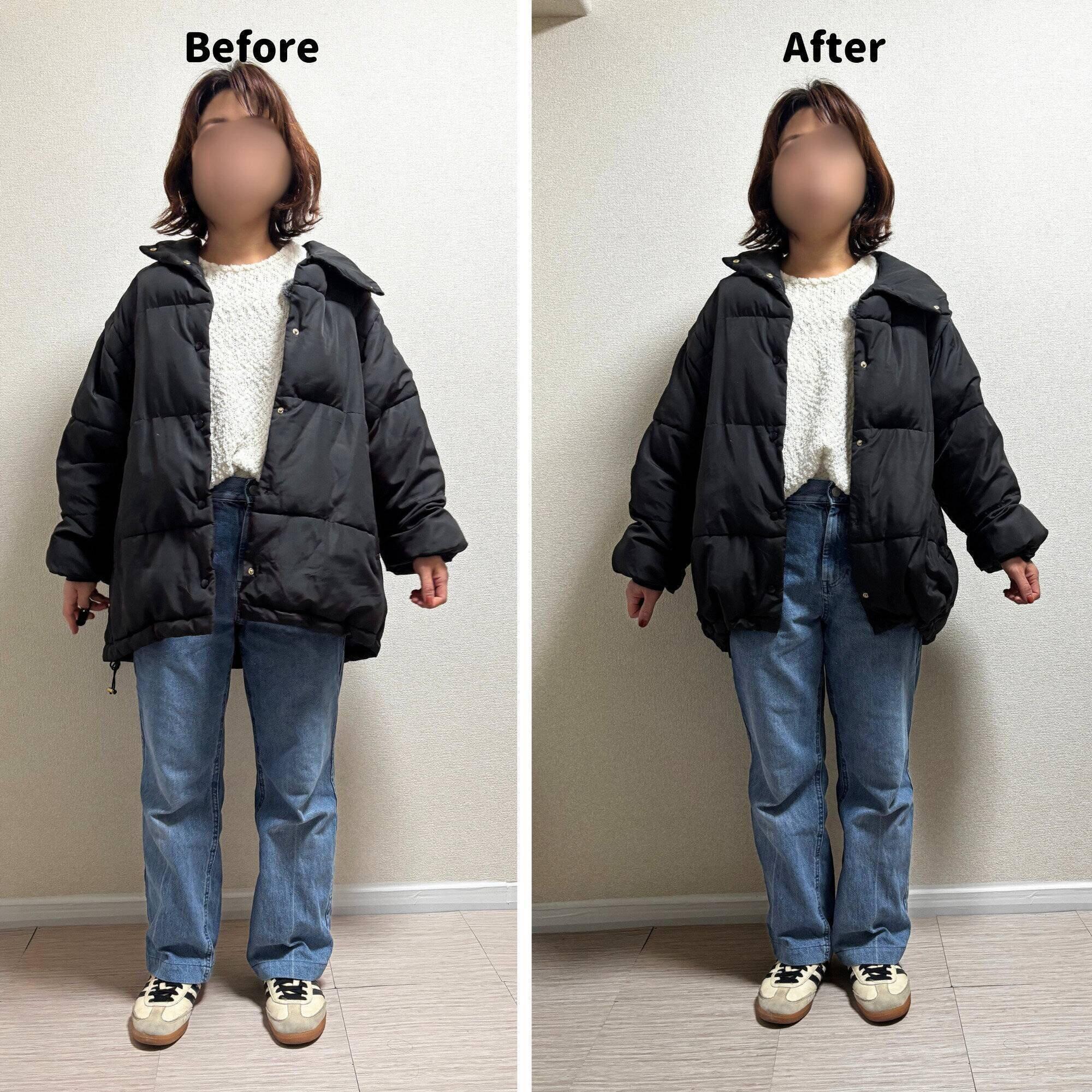 ダウンの裾を絞ったコーデと絞ってないコーデの違い