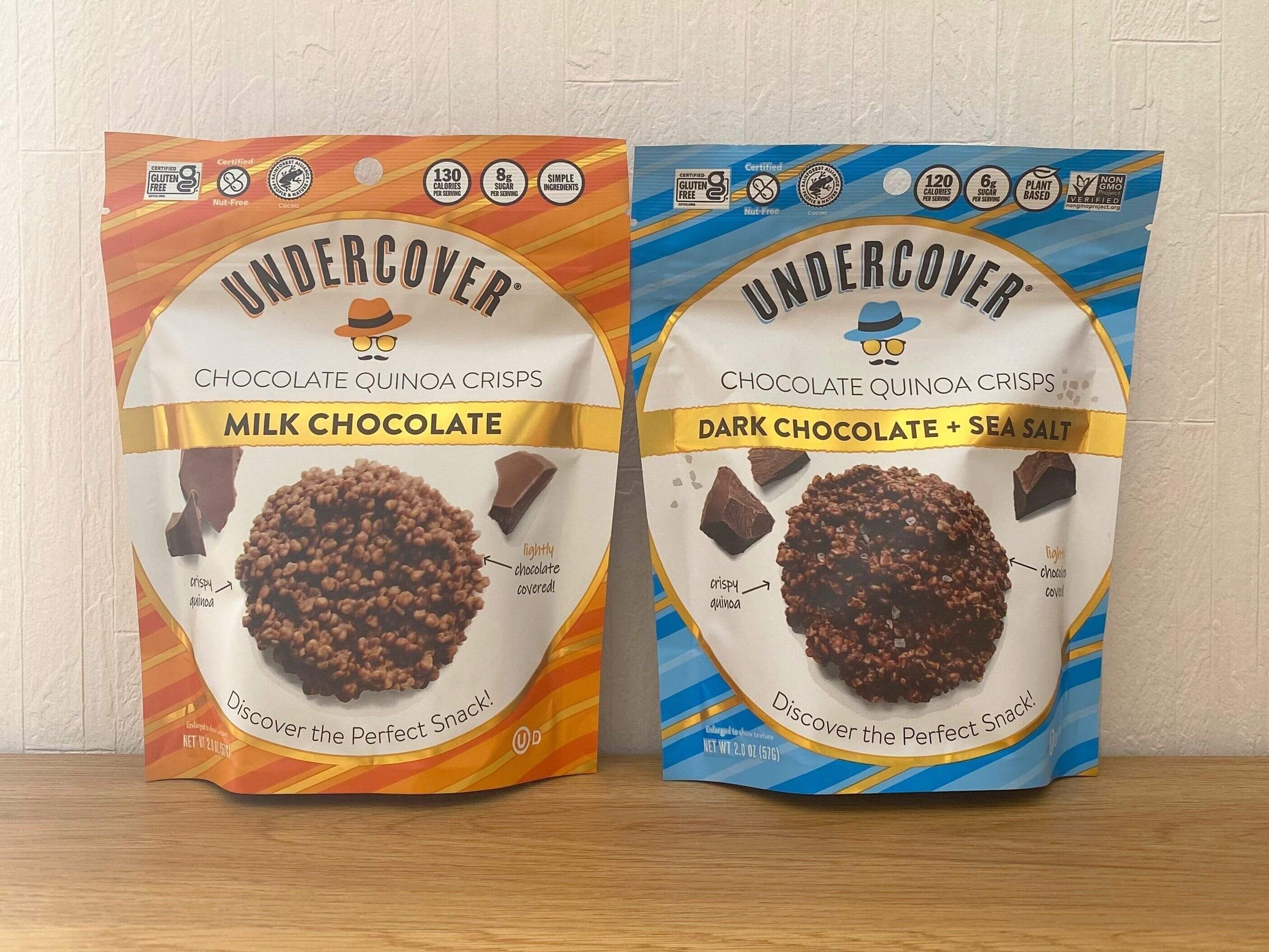 ミルクチョコレートキヌアクリスプ　ダークチョコレートシーソルトキヌアクリスプ